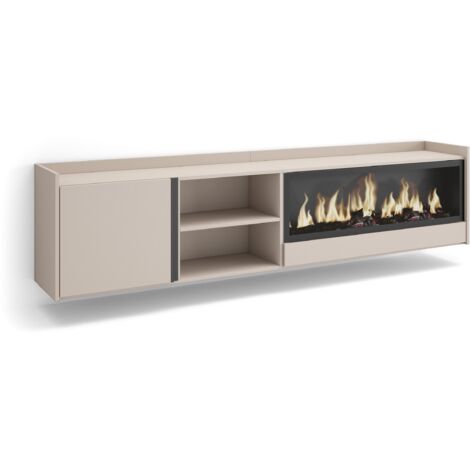 Skraut Home - Mobile TV Soggiorno, Ampio spazio a disposizione, 212x35x50cm, Per TV fino a 80", Camino elettrico XXL, Sospeso, da appendere, Stile moderno, Beige (1/5)