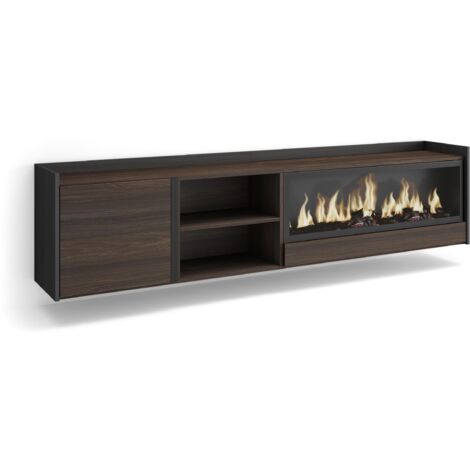 Skraut Home - Mobile TV Soggiorno, Ampio spazio a disposizione, 212x35x50cm, Per TV fino a 80", Camino elettrico XXL, Sospeso, da appendere, Stile moderno, Rovere scuro e Nero (1/5)