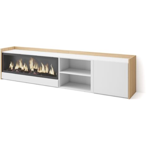 Skraut Home - Mobile TV Soggiorno, Ampio spazio a disposizione, 212x35x50cm, Per TV fino a 80", Camino elettrico XXL, Stile moderno, Bianco e Rovere soft (1/5)