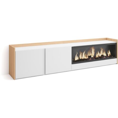 Skraut Home - Mobile TV Soggiorno, Ampio spazio a disposizione, 212x35x50cm, Per TV fino a 80", Camino elettrico XXL, Stile moderno, Bianco e Rovere soft (1/5)