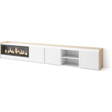 Skraut Home - Mobile TV Soggiorno, Ampio spazio a disposizione, 315x35x50cm, Per TV fino a 80", Camino elettrico XXL, Stile moderno, Bianco e Rovere soft (1/5)