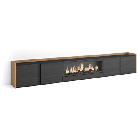 Skraut Home - Mobile TV Soggiorno, Ampio spazio a disposizione, 315x35x50cm, Per TV fino a 80", Camino elettrico XXL, Stile moderno, Nero e rovere (1/5)
