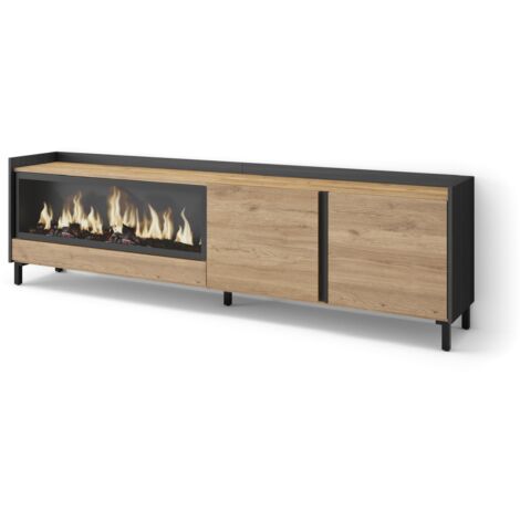 Skraut Home - Mobile TV Soggiorno, Ampio spazio a disposizione, 212x35x61cm, Per TV fino a 80", Camino elettrico XXL, Design industriale, Stile moderno, Rovere e nero (1/5)