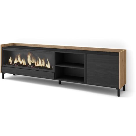 Skraut Home - Mobile TV Soggiorno, Ampio spazio a disposizione, 212x35x61cm, Per TV fino a 80", Camino elettrico XXL, Design industriale, Stile moderno, Nero e rovere (1/5)