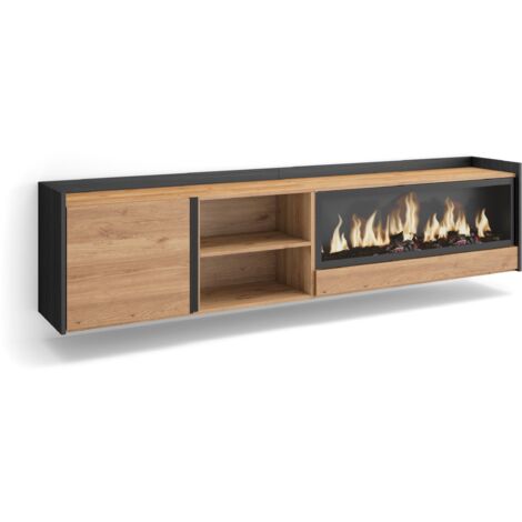 Skraut Home - Mobile TV Soggiorno, Ampio spazio a disposizione, 212x35x50cm, Per TV fino a 80", Camino elettrico XXL, Sospeso, da appendere, Stile moderno, Rovere e nero (1/5)