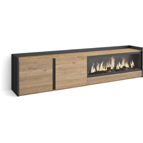 Skraut Home - Mobile TV Soggiorno, Ampio spazio a disposizione, 212x35x50cm, Per TV fino a 80", Camino elettrico XXL, Stile moderno, Rovere e nero (1/5)