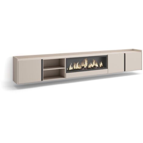 Skraut Home - Mobile TV Soggiorno, Ampio spazio a disposizione, 315x35x50cm, Per TV fino a 80", Camino elettrico XXL, Sospeso, da appendere, Stile moderno, Beige (1/5)
