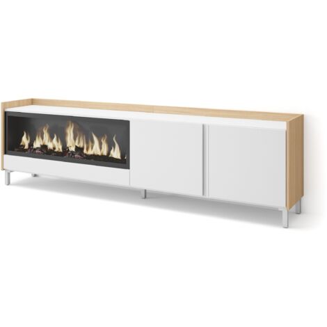 Skraut Home - Mobile TV Soggiorno, Ampio spazio a disposizione, 212x35x61cm, Per TV fino a 80", Camino elettrico XXL, Design industriale, Stile moderno, Bianco e Rovere soft (1/5)
