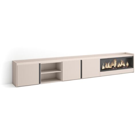 Skraut Home - Mobile TV Soggiorno, Ampio spazio a disposizione, 315x35x50cm, Per TV fino a 80", Camino elettrico XXL, Stile moderno, Beige (1/5)