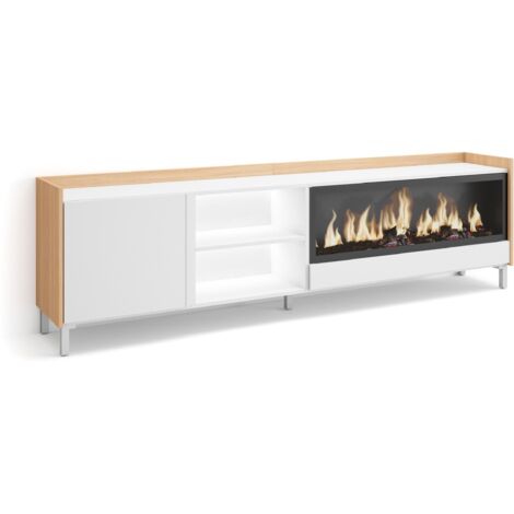 Skraut Home - Mobile TV Soggiorno, Ampio spazio a disposizione, 212x35x61cm, Per TV fino a 80", Camino elettrico XXL, Design industriale, LED, Stile moderno, Bianco e Rovere soft (1/5)