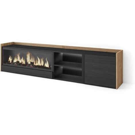 Skraut Home - Mobile TV Soggiorno, Ampio spazio a disposizione, 212x35x50cm, Per TV fino a 80", Camino elettrico XXL, LED, Stile moderno, Nero e rovere (1/5)
