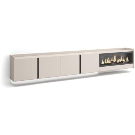 Skraut Home - Mobile TV Soggiorno, Ampio spazio a disposizione, 315x35x50cm, Per TV fino a 80", Camino elettrico XXL, Sospeso, da appendere, LED, Stile moderno, Beige (1/5)