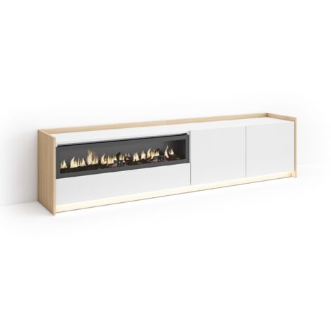 Skraut Home - Mobile TV Soggiorno, Ampio spazio a disposizione, 207x37x50cm, Per TV fino a 80", Camino elettrico, LED, Stile moderno, Bianco e Rovere soft (1/5)