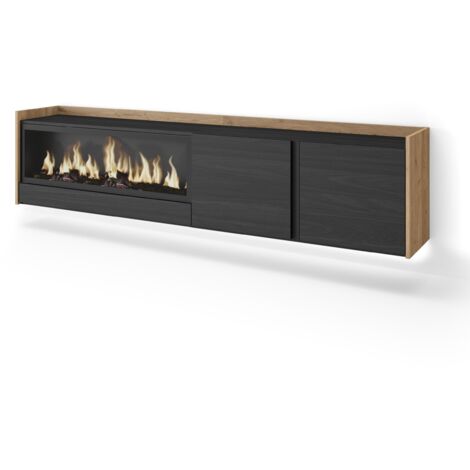 Skraut Home - Mobile TV Soggiorno, Ampio spazio a disposizione, 212x35x50cm, Per TV fino a 80", Camino elettrico XXL, Sospeso, da appendere, LED, Stile moderno, Nero e rovere (1/5)