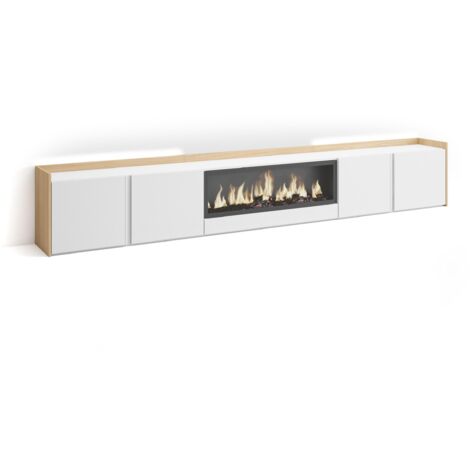 Skraut Home - Mobile TV Soggiorno, Ampio spazio a disposizione, 315x35x50cm, Per TV fino a 80", Camino elettrico XXL, LED, Stile moderno, Bianco e Rovere soft (1/5)