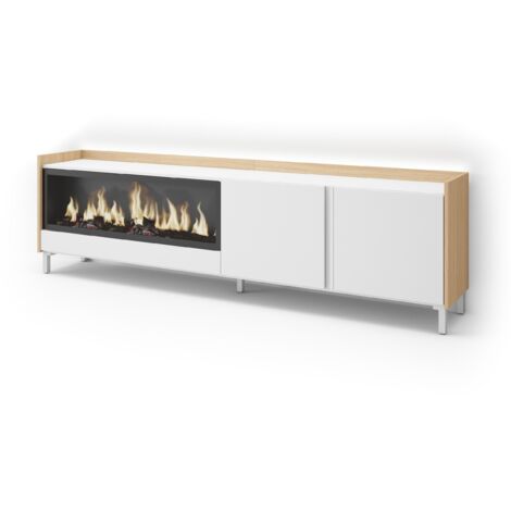 Skraut Home - Mobile TV Soggiorno, Ampio spazio a disposizione, 212x35x61cm, Per TV fino a 80", Camino elettrico XXL, Design industriale, LED, Stile moderno, Bianco e Rovere soft (1/5)