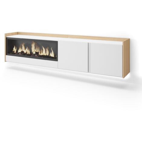Skraut Home - Mobile TV Soggiorno, Ampio spazio a disposizione, 212x35x50cm, Per TV fino a 80", Camino elettrico XXL, Sospeso, da appendere, LED, Stile moderno, Bianco e Rovere soft (1/5)