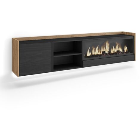 Skraut Home - Mobile TV Soggiorno, Ampio spazio a disposizione, 212x35x50cm, Per TV fino a 80", Camino elettrico XXL, Sospeso, da appendere, LED, Stile moderno, Nero e rovere (1/5)