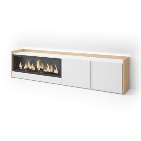 Skraut Home - Mobile TV Soggiorno, Ampio spazio a disposizione, 212x35x50cm, Per TV fino a 80", Camino elettrico XXL, LED, Stile moderno, Bianco e Rovere soft (1/5)
