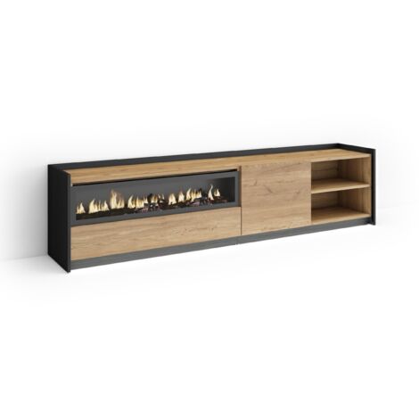 Skraut Home - Mobile TV Soggiorno, Ampio spazio a disposizione, 207x37x50cm, Per TV fino a 80", Camino elettrico, LED, Stile moderno, Rovere e nero (1/5)