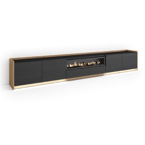 Skraut Home - Mobile TV Soggiorno, Ampio spazio a disposizione, 310x37x50cm, Per TV fino a 80", Camino elettrico, LED, Stile moderno, Nero e rovere (1/5)