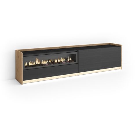 Skraut Home - Mobile TV Soggiorno, Ampio spazio a disposizione, 207x37x50cm, Per TV fino a 80", Camino elettrico, LED, Stile moderno, Nero e rovere (1/5)