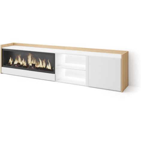 Skraut Home - Mobile TV Soggiorno, Ampio spazio a disposizione, 212x35x50cm, Per TV fino a 80", Camino elettrico XXL, LED, Stile moderno, Bianco e Rovere soft (1/5)