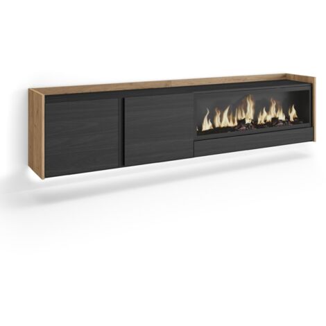 Skraut Home - Mobile TV Soggiorno, Ampio spazio a disposizione, 212x35x50cm, Per TV fino a 80", Camino elettrico XXL, Sospeso, da appendere, LED, Stile moderno, Nero e rovere (1/5)