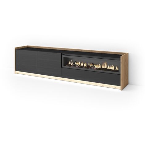Skraut Home - Mobile TV Soggiorno, Ampio spazio a disposizione, 207x37x50cm, Per TV fino a 80", Camino elettrico, LED, Stile moderno, Nero e rovere (1/5)
