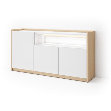 Skraut Home - Credenza, Mobile, Cucina, Madia, mobile ingresso, 156x37x80cm, 3 Porte, LED, Stile moderno, Bianco e Rovere soft (1/5)