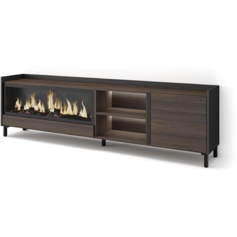 Skraut Home - Mobile TV Soggiorno, Ampio spazio a disposizione, 212x35x61cm, Per TV fino a 80", Camino elettrico XXL, Design industriale, LED, Stile moderno, Rovere scuro e Nero (1/5)