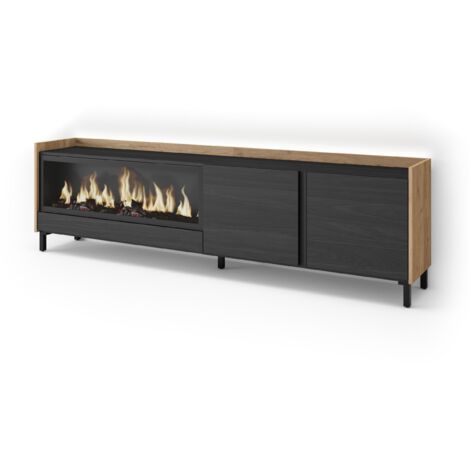 Skraut Home - Mobile TV Soggiorno, Ampio spazio a disposizione, 212x35x61cm, Per TV fino a 80", Camino elettrico XXL, Design industriale, LED, Stile moderno, Nero e rovere (1/5)