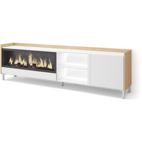 Skraut Home - Mobile TV Soggiorno, Ampio spazio a disposizione, 212x35x61cm, Per TV fino a 80", Camino elettrico XXL, Design industriale, LED, Stile moderno, Bianco e Rovere soft (1/5)