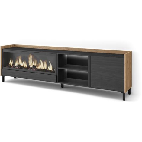 Skraut Home - Mobile TV Soggiorno, Ampio spazio a disposizione, 212x35x61cm, Per TV fino a 80", Camino elettrico XXL, Design industriale, LED, Stile moderno, Nero e rovere (1/5)