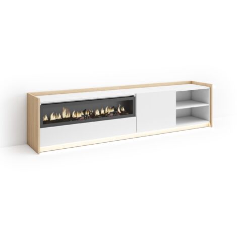 Skraut Home - Mobile TV Soggiorno, Ampio spazio a disposizione, 207x37x50cm, Per TV fino a 80", Camino elettrico, LED, Stile moderno, Bianco e Rovere soft (1/5)