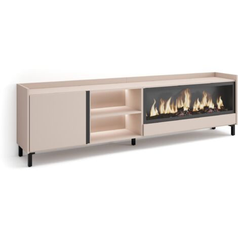Skraut Home - Mobile TV Soggiorno, Ampio spazio a disposizione, 212x35x61cm, Per TV fino a 80", Camino elettrico XXL, Design industriale, LED, Stile moderno, Beige (1/5)