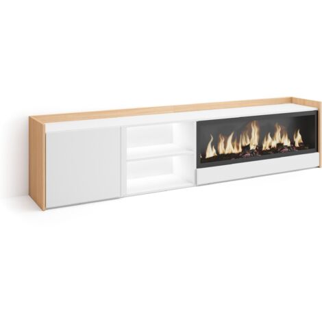 Skraut Home - Mobile TV Soggiorno, Ampio spazio a disposizione, 212x35x50cm, Per TV fino a 80", Camino elettrico XXL, LED, Stile moderno, Bianco e Rovere soft (1/5)