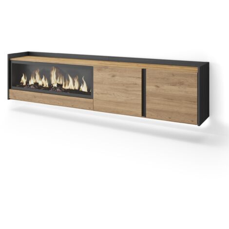 Skraut Home - Mobile TV Soggiorno, Ampio spazio a disposizione, 212x35x50cm, Per TV fino a 80", Camino elettrico XXL, Sospeso, da appendere, LED, Stile moderno, Rovere e nero (1/5)