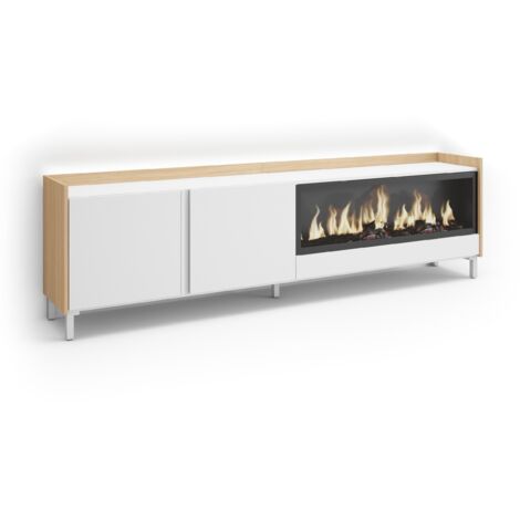Skraut Home - Mobile TV Soggiorno, Ampio spazio a disposizione, 212x35x61cm, Per TV fino a 80", Camino elettrico XXL, Design industriale, LED, Stile moderno, Bianco e Rovere soft (1/5)