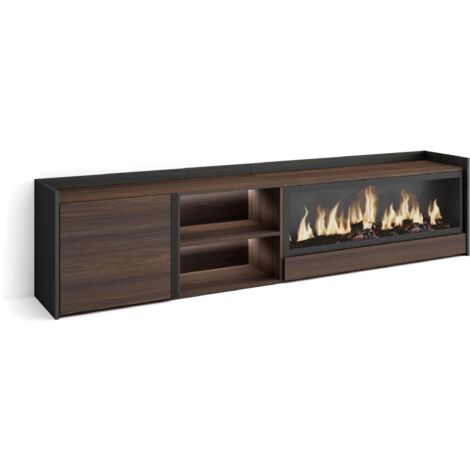 Skraut Home - Mobile TV Soggiorno, Ampio spazio a disposizione, 212x35x50cm, Per TV fino a 80", Camino elettrico XXL, LED, Stile moderno, Rovere scuro e Nero (1/5)