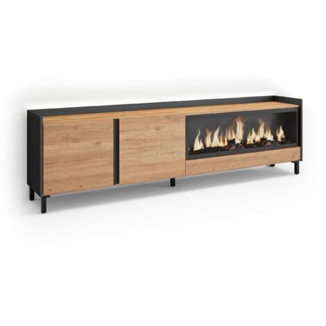 Skraut Home - Mobile TV Soggiorno, Ampio spazio a disposizione, 212x35x61cm, Per TV fino a 80", Camino elettrico XXL, Design industriale, LED, Stile moderno, Rovere e nero (1/5)