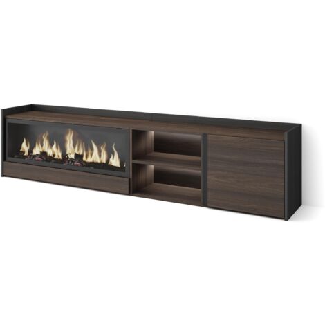 Skraut Home - Mobile TV Soggiorno, Ampio spazio a disposizione, 212x35x50cm, Per TV fino a 80", Camino elettrico XXL, LED, Stile moderno, Rovere scuro e Nero (1/5)