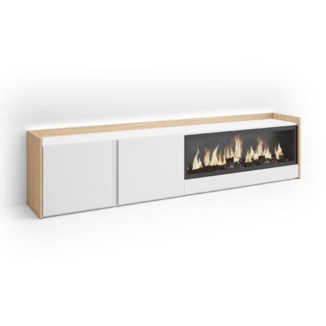 Skraut Home - Mobile TV Soggiorno, Ampio spazio a disposizione, 212x35x50cm, Per TV fino a 80", Camino elettrico XXL, LED, Stile moderno, Bianco e Rovere soft (1/5)