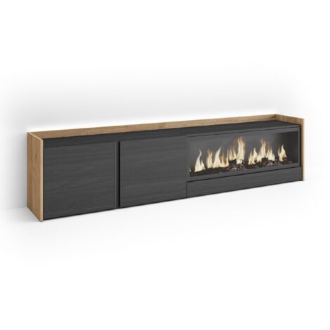 Skraut Home - Mobile TV Soggiorno, Ampio spazio a disposizione, 212x35x50cm, Per TV fino a 80", Camino elettrico XXL, LED, Stile moderno, Nero e rovere (1/5)