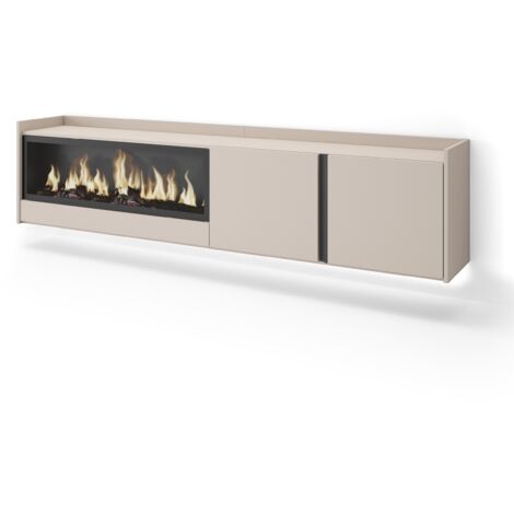 Skraut Home - Mobile TV Soggiorno, Ampio spazio a disposizione, 212x35x50cm, Per TV fino a 80", Camino elettrico XXL, Sospeso, da appendere, LED, Stile moderno, Beige (1/5)