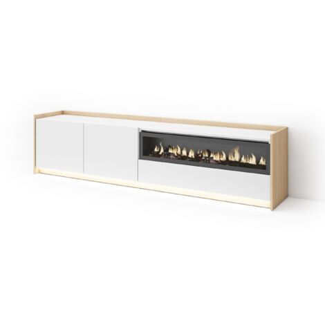 Skraut Home - Mobile TV Soggiorno, Ampio spazio a disposizione, 207x37x50cm, Per TV fino a 80", Camino elettrico, LED, Stile moderno, Bianco e Rovere soft (1/5)