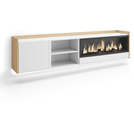 Skraut Home - Mobile TV Soggiorno, Ampio spazio a disposizione, 212x35x50cm, Per TV fino a 80", Camino elettrico XXL, Sospeso, da appendere, LED, Stile moderno, Bianco e Rovere soft (1/5)