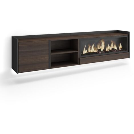 Skraut Home - Mobile TV Soggiorno, Ampio spazio a disposizione, 212x35x50cm, Per TV fino a 80", Camino elettrico XXL, Sospeso, da appendere, LED, Stile moderno, Rovere scuro e Nero (1/5)