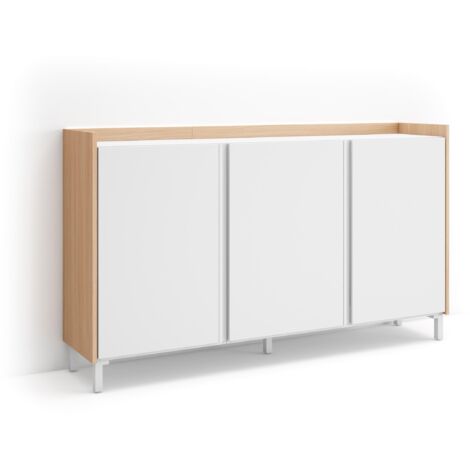 Skraut Home - Credenza, Mobile, Cucina, Madia, mobile ingresso, 156x35x91cm, 3 Porte, Design industriale, LED, Stile moderno, Bianco e Rovere soft