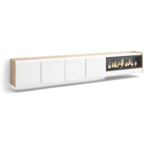 Skraut Home - Mobile TV Soggiorno, Ampio spazio a disposizione, 315x35x50cm, Per TV fino a 80", Camino elettrico XXL, Sospeso, da appendere, LED, Stile moderno, Bianco e Rovere soft (1/5)